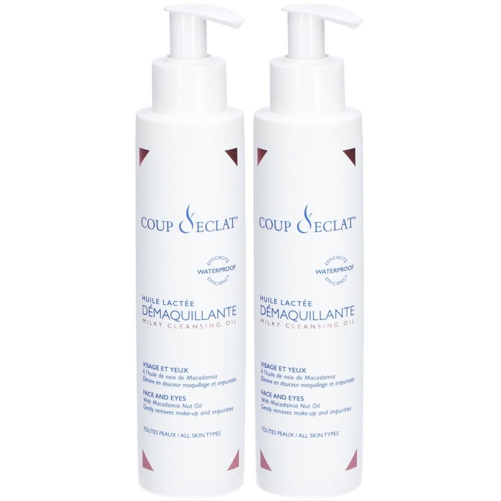 Deux flacons blancs avec pompe. Inscription: COUP D'ECLAT, Huile lactée démaquillante. Pour visage et yeux, waterproof.