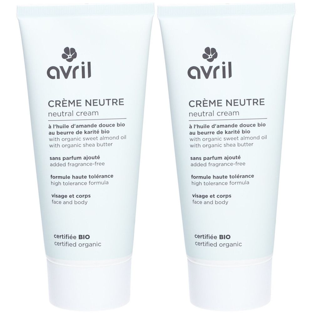 Twee crèmetubes. Opschrift: avril, Crème Neutre, gecertificeerd bio. Voor gezicht en lichaam.