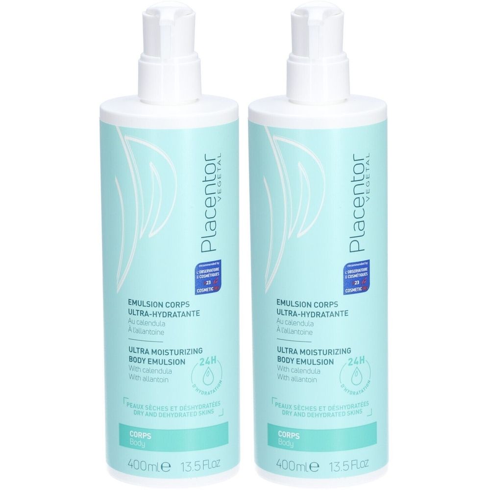 Deux flacons de Placentor VEGETAL ÉMULSION CORPS. Flacons bleu clair avec pompe blanche. Texte: ULTRA-HYDRATANTE, 400ml.
