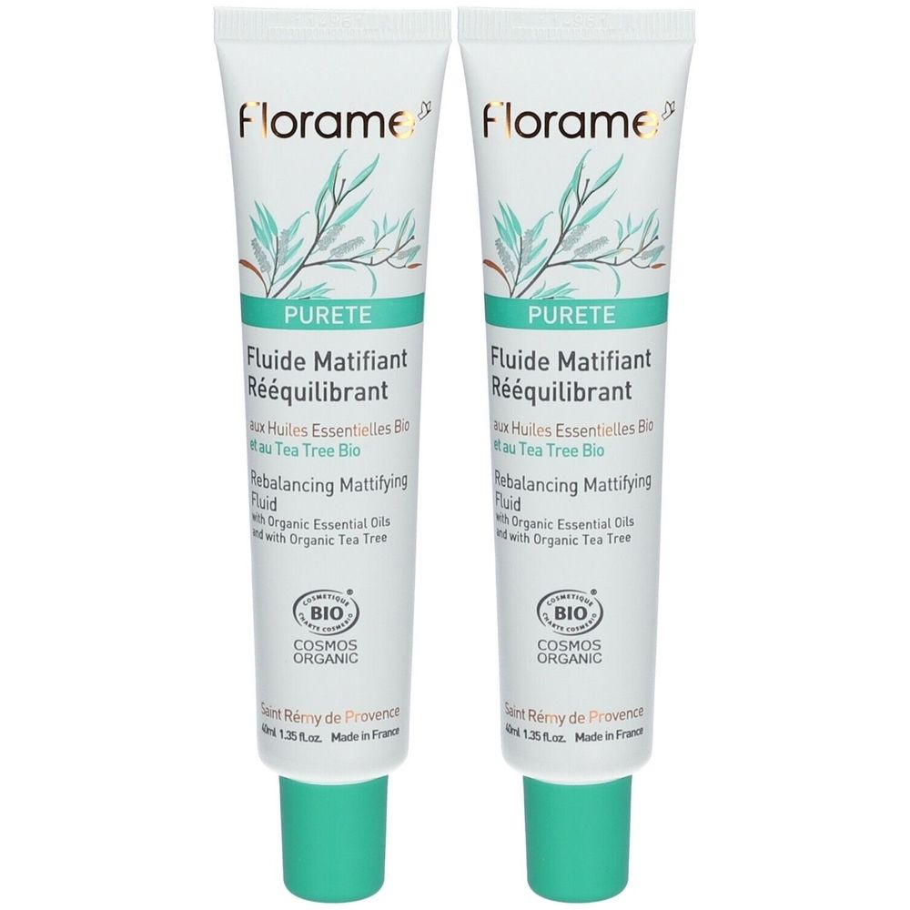 Deux tubes de Florame PURETE Fluide Matifiant Rééquilibrant. Tubes blancs avec détails verts. Inscription : PURETE, Bio. Certifié Cosmos Organic.