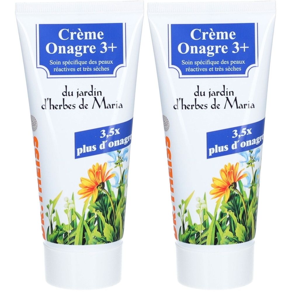 Twee tubes Crème Onagre 3+. Witte tubes met blauwe tekst en bloemenontwerp. Tekst: du jardin d'herbes de Maria.