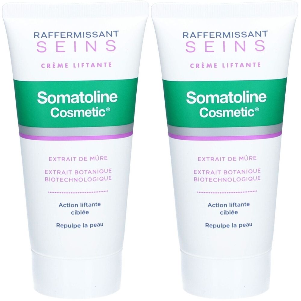 Deux tubes de Somatoline Cosmetic Crème Raffermissante - Seins. Tubes blancs avec accents verts et violets. Texte: Raffermissant Seins.