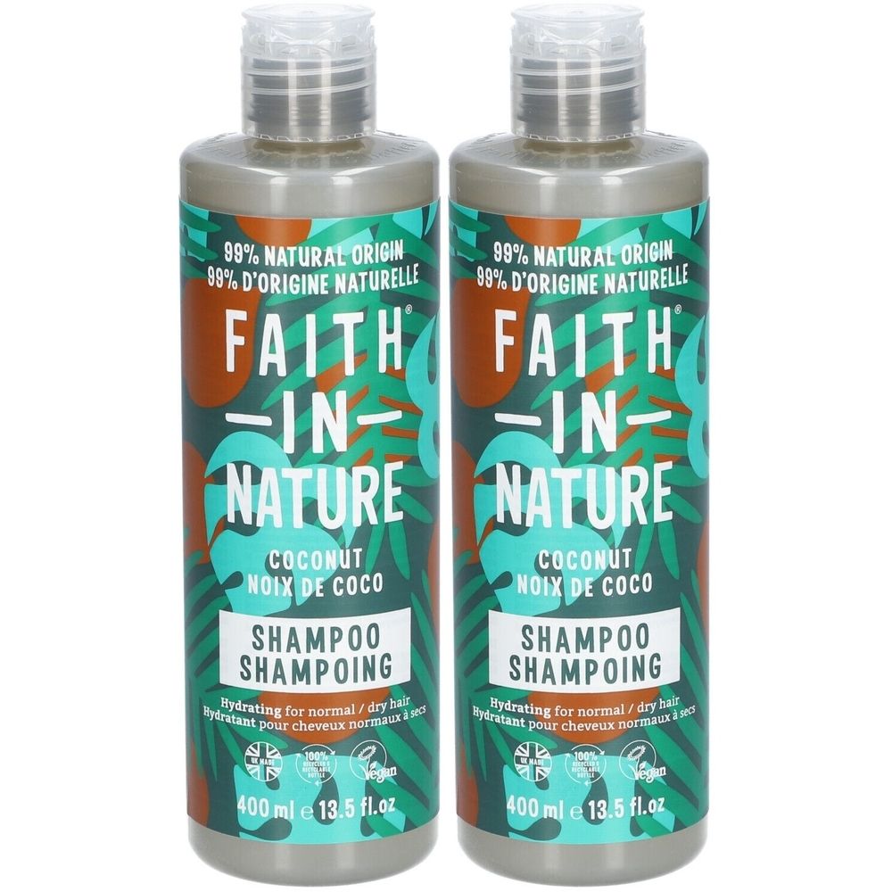 Deux flacons de shampoing. Inscription : FAITH IN NATURE, COCONUT, SHAMPOOING. 99% d'origine naturelle. 400 ml.