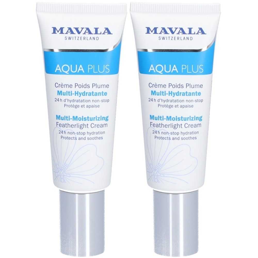 Twee tubes Mavala AQUA PLUS crème. Wit, met blauwe streep en zilveren dop. Tekst: Multi-Hydratante, Featherlight Cream.