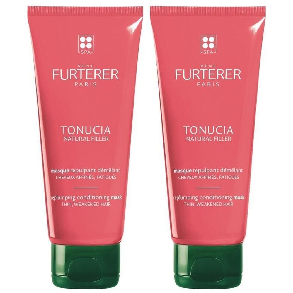 Deux tubes roses avec bouchon vert. Inscription: René Furterer, Tonucia, Natural Filler, masque repulpant démêlant.