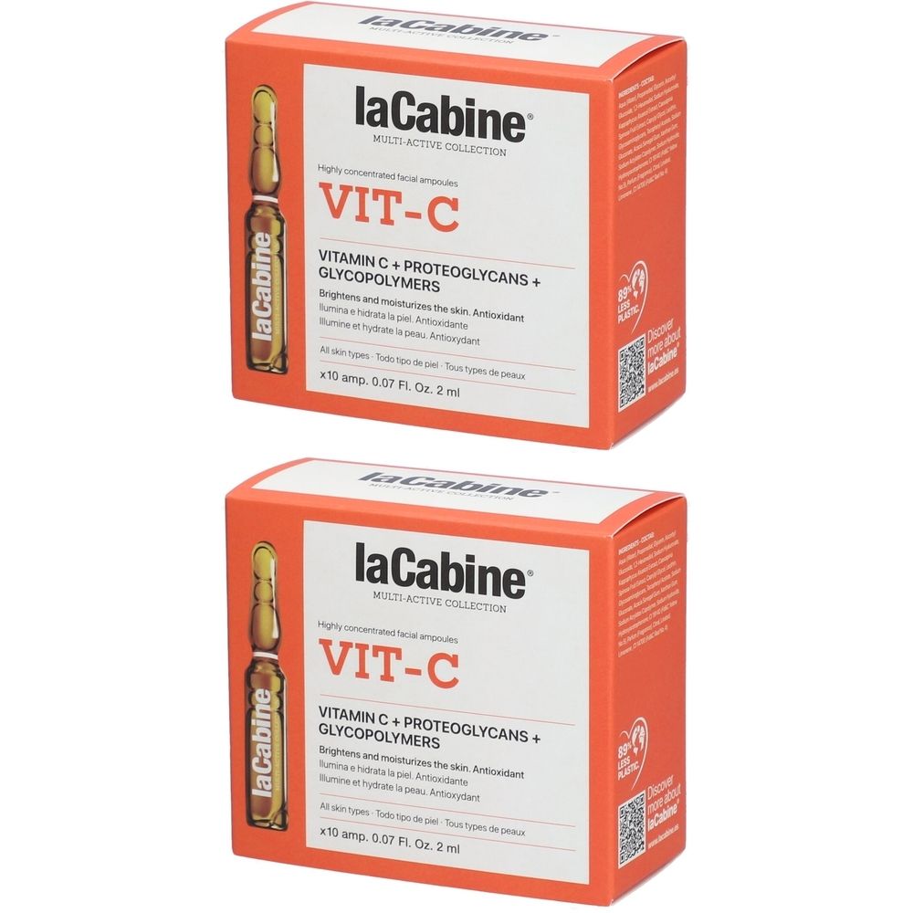 Twee oranje dozen met laCabine VIT-C. Opschrift: Vitamine C + Proteoglycanen + Glycopolymere. Illustratie van ampullen.