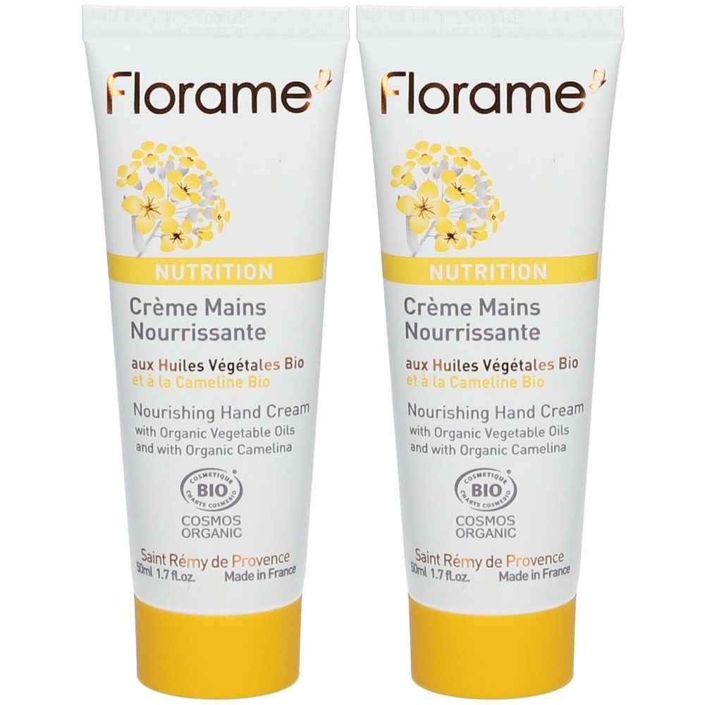 Deux tubes de crème pour les mains. Inscription : Florame, NUTRITION Crème Mains Nourrissante, avec huiles végétales bio et caméline. Certification COSMOS ORGANIC.