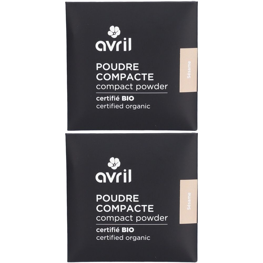 Twee zwarte dozen met "AVRIL Poudre Compacte". Gecertificeerd BIO. Opschrift "Sésame".