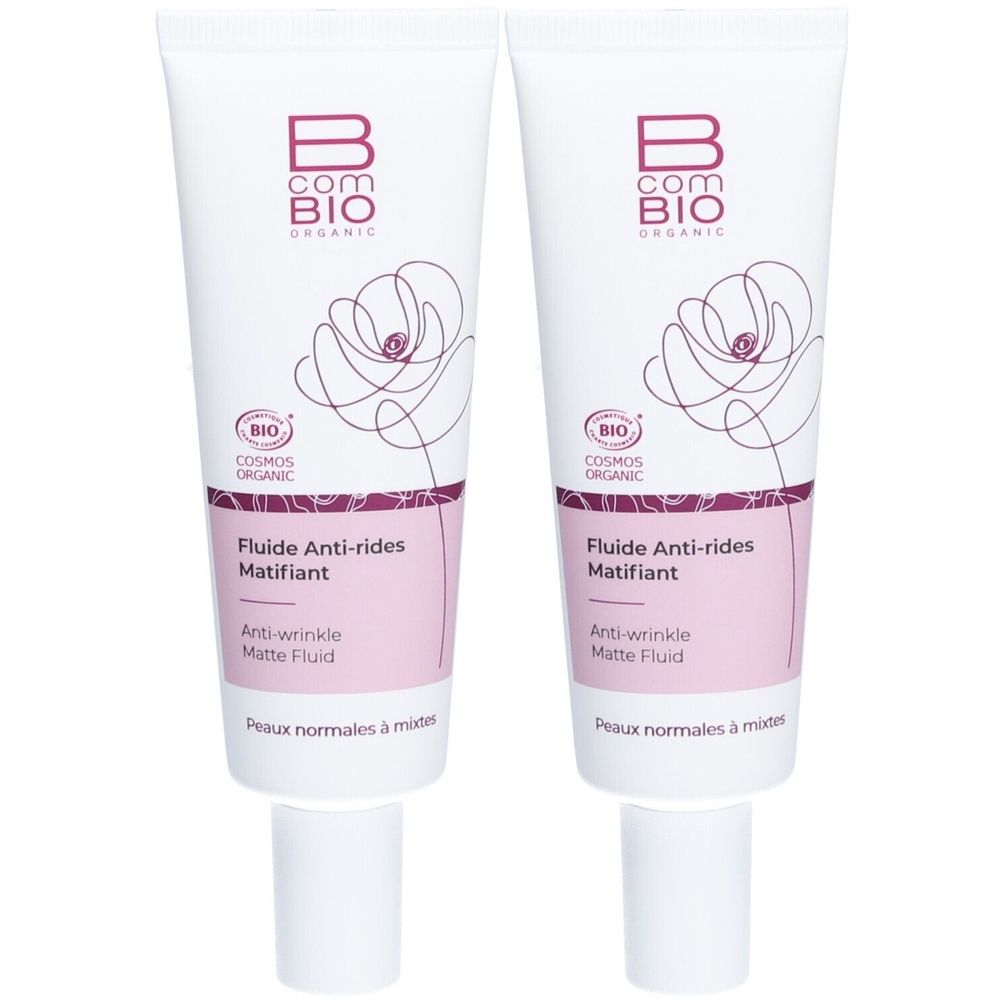 Deux tubes blancs. Inscription: B COM BIO ORGANIC, Fluide Anti-rides Matifiant, Anti-Wrinkle Matte Fluid. Certification bio.