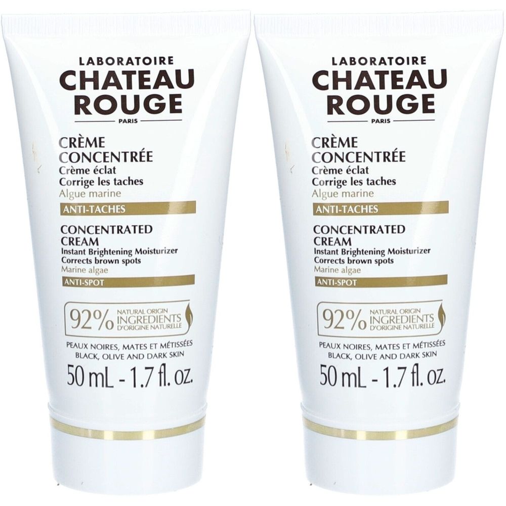 Twee tubes Laboratoire Château Rouge Crème Concentrée Anti-Taches. Witte tubes met productinfo en logo.