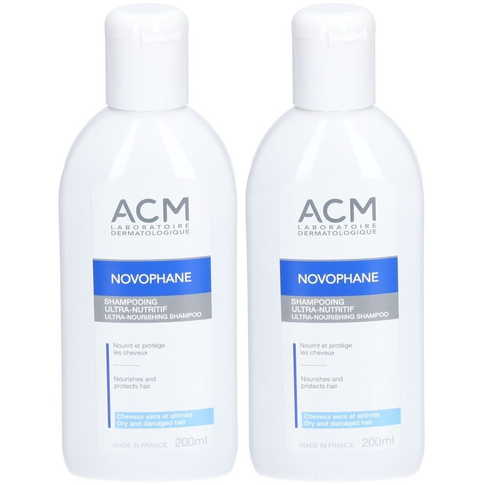 Twee witte flessen met witte doppen. Op elke fles staat "ACM Novophane Shampooing Ultra-nutritif".