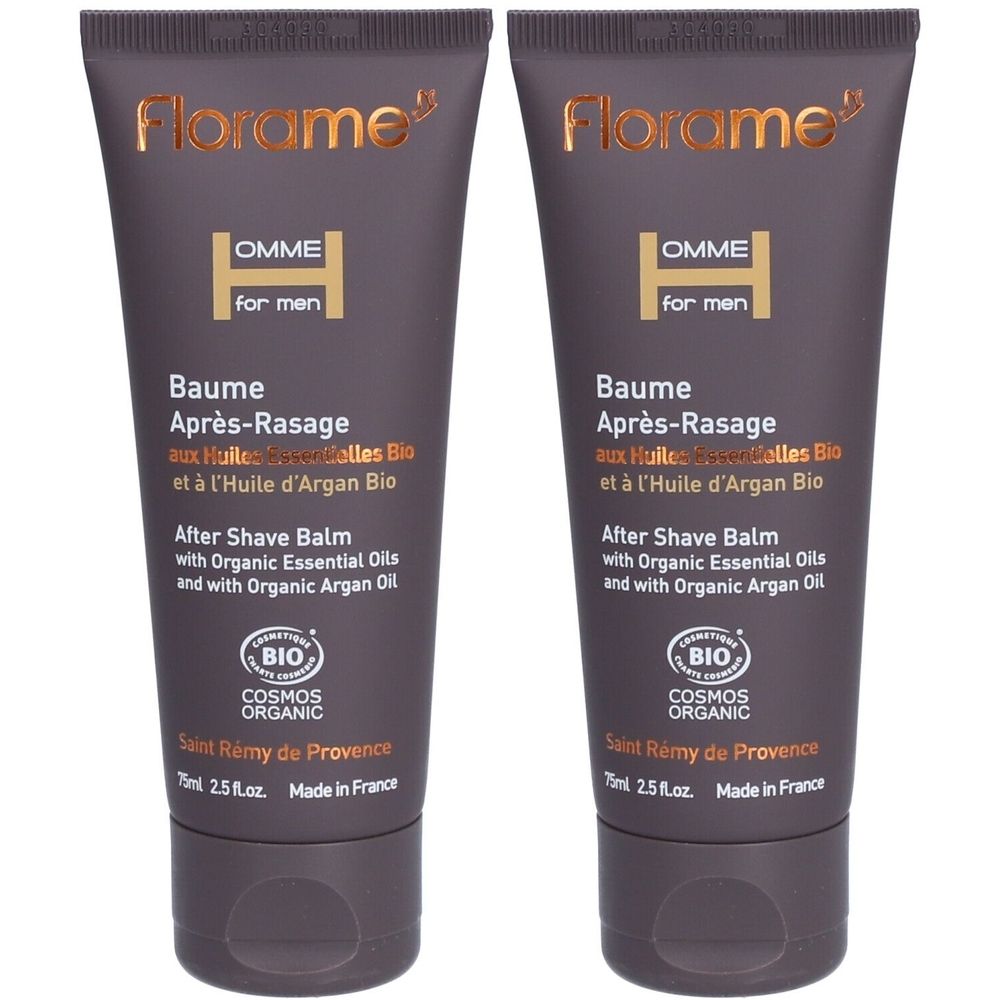 Deux tubes de Baume Après-Rasage. Tubes gris foncé avec texte doré. Certification bio.