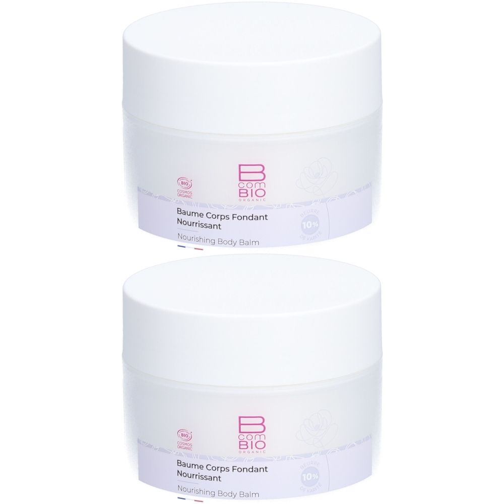 Deux pots blancs avec couvercles. L'étiquette indique « B COM BIO » et « Baume Corps Fondant Nourrissant ».