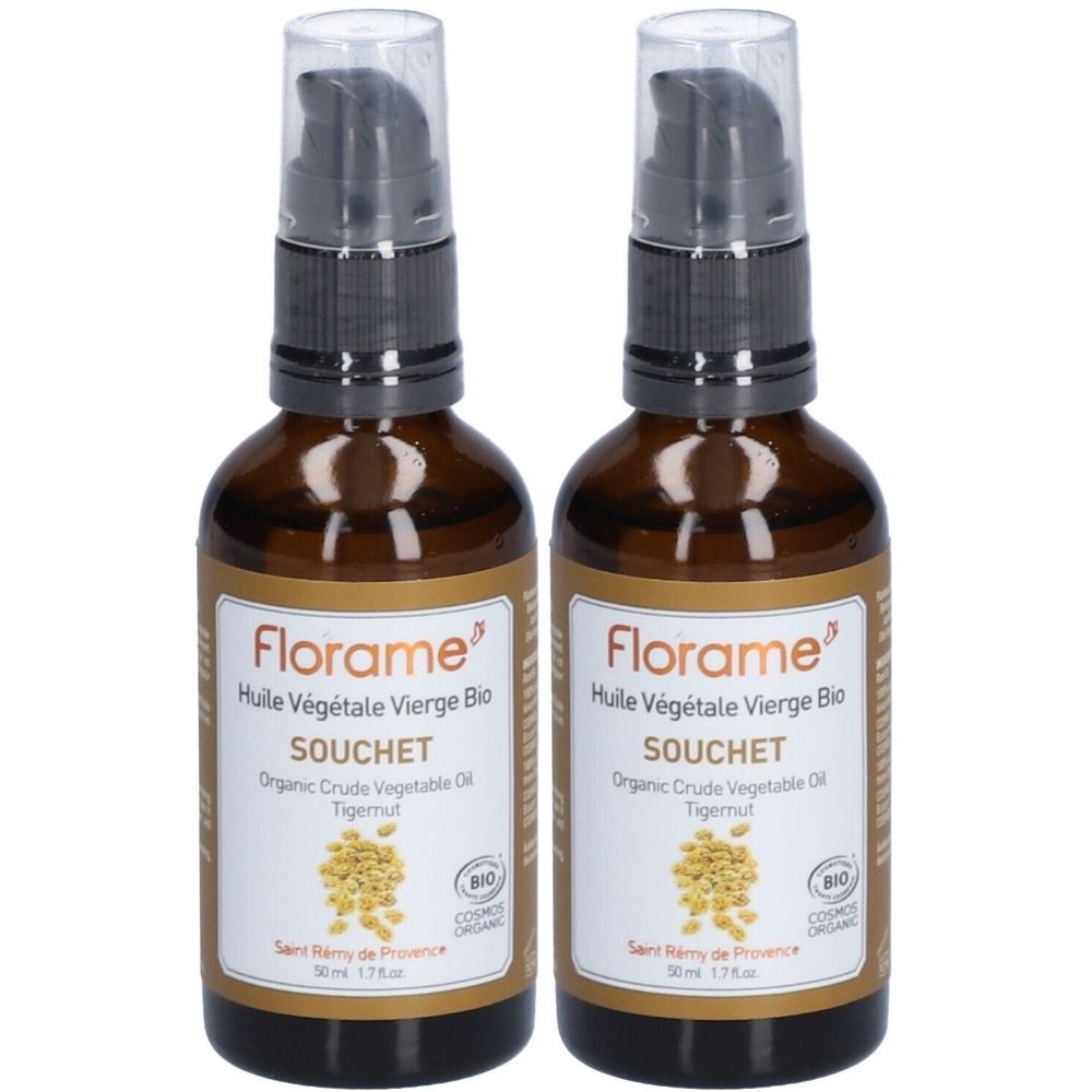 Deux flacons en verre brun avec pompe noire. Étiquette avec nom du produit et label bio. Inscription : Florame Huile Végétale Vierge Bio Souchet.
