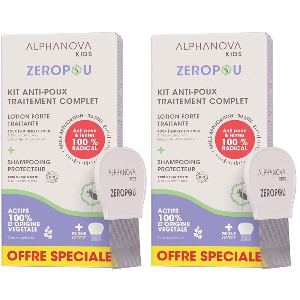 Deux boîtes Alphanova Kids Zeropou. Chaque boîte contient un traitement et un peigne. Texte: Anti-poux, 100% radical.