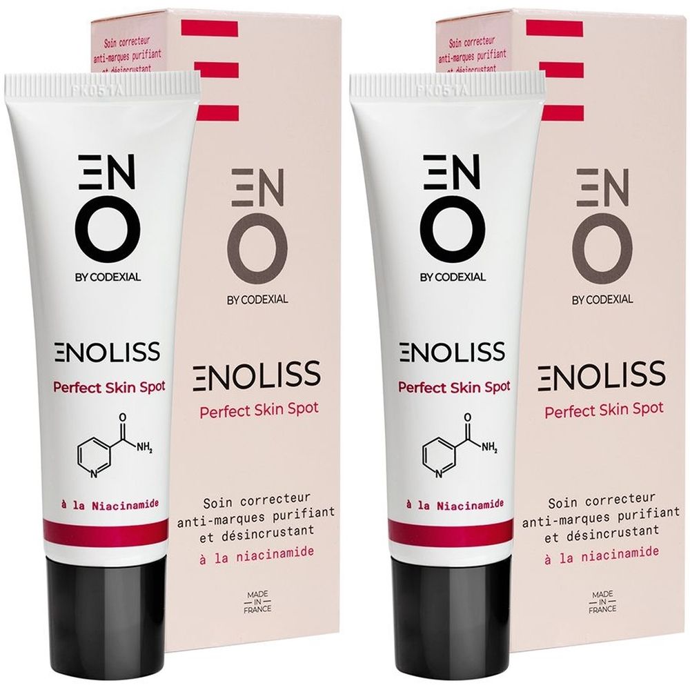 Deux tubes et deux boîtes. Sur les tubes, "ENO Enoliss Perfect Skin Spot". Sur les boîtes, "Soin correcteur anti-marques purifiant".