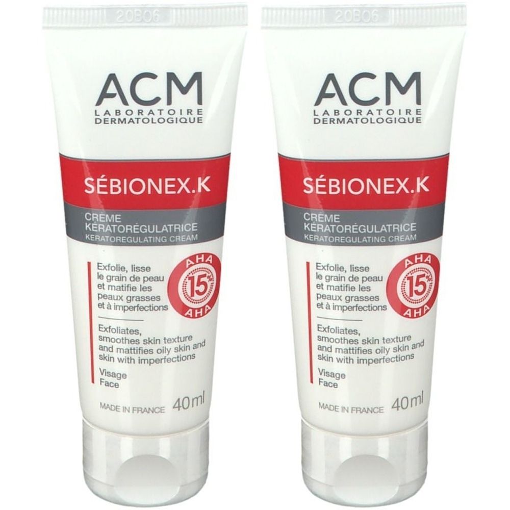 Twee tubes ACM SÉBIONEX.K crème. Wit, rode band en tekst. Bevat AHA 15. 40ml. Gemaakt in Frankrijk.