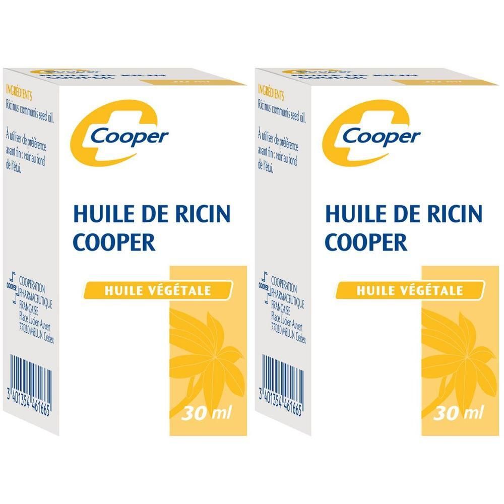 Deux boîtes de "Huile de Ricin Cooper". Blanches, détails jaunes, informations produit. 30 ml.