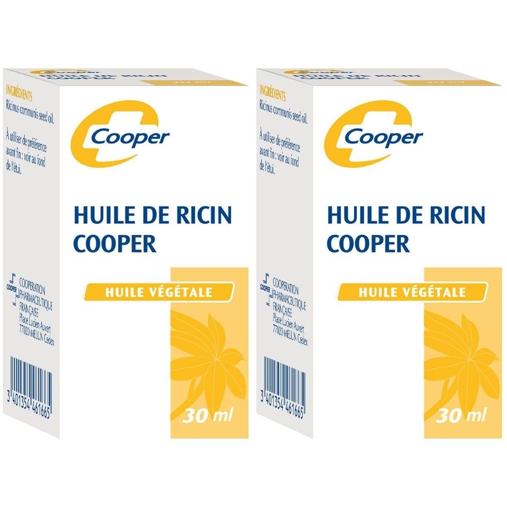 Deux boîtes de "Huile de Ricin Cooper". Blanches, accents jaunes, informations produit. 30 ml.