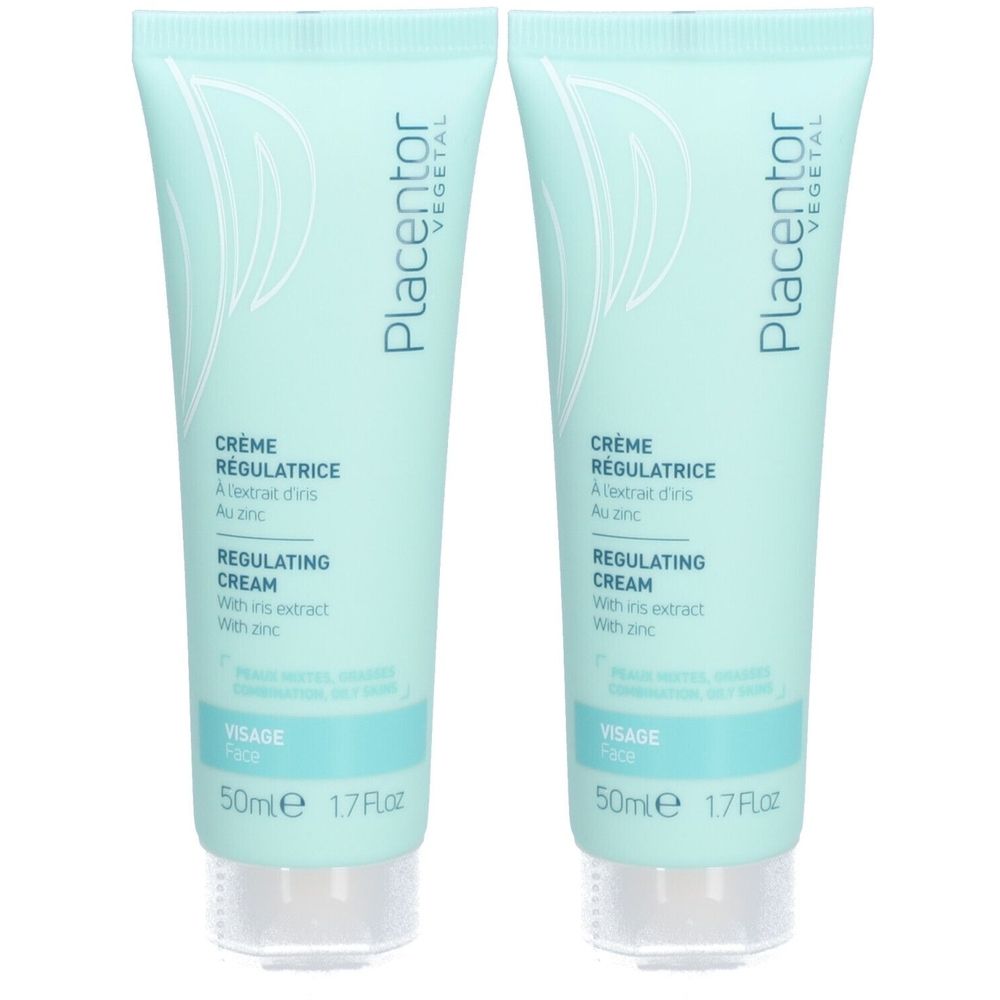 Deux tubes de crème "Placentor VEGETAL". Inscription : Crème Régulatrice, Regulating Cream. Couleur : bleu clair. Contenance : 50ml.