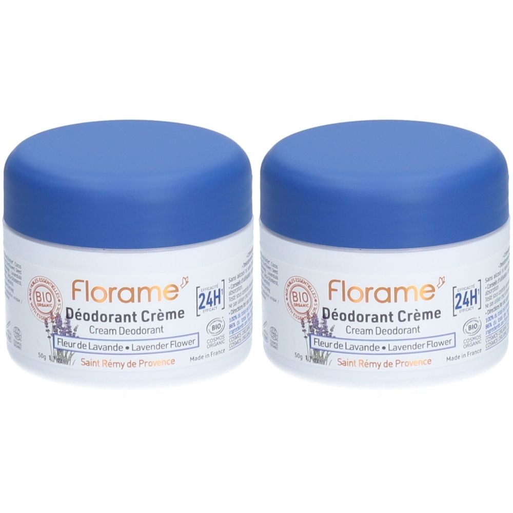 Deux pots de crème avec couvercles bleus. Inscription: Florame Déodorant Crème, 24H. Certification Bio. Fleur de Lavande. Saint Rémy de Provence.
