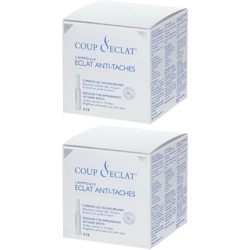 Deux boîtes blanches. Inscription: COUP D'ÉCLAT, L'AMPOULE, ECLAT ANTI-TACHES. Contient des ampoules, réduit l'apparence des taches brunes.