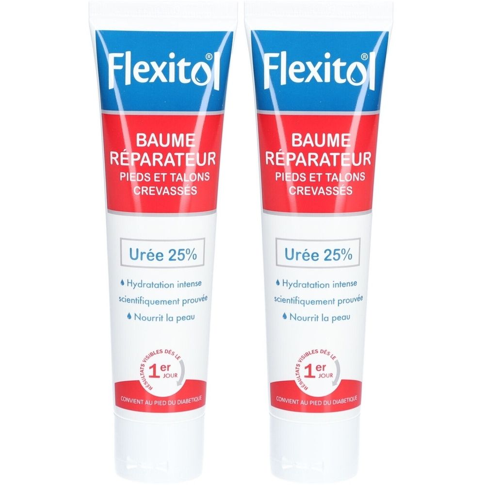 Twee tubes Flexitol-balsem. Blauwe en rode tekst op witte achtergrond. Bevat Urée 25%, voor voeten en gebarsten hielen.