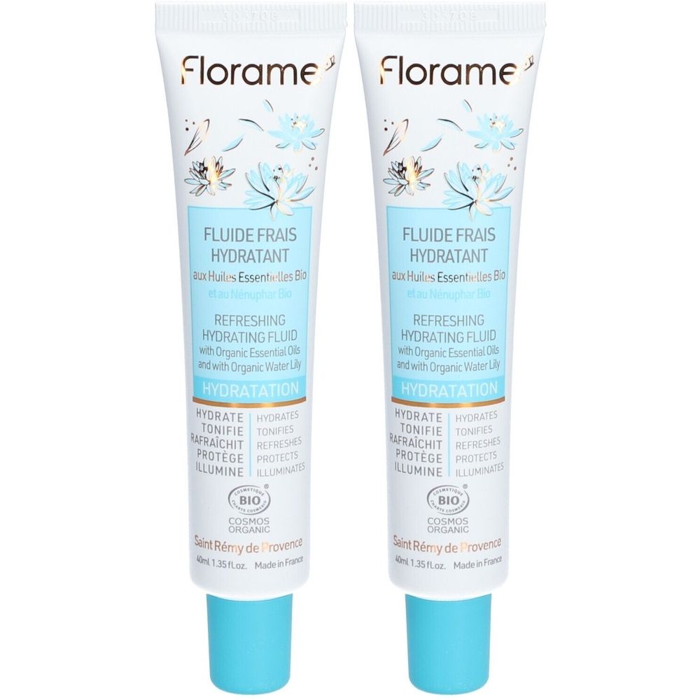 Deux tubes de crème Florame, fond blanc, accents bleu clair. Inscription: Fluide frais hydratant BIO nénuphar. Certification Cosmos Organic.