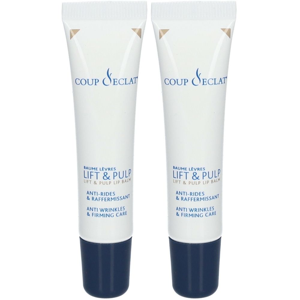 Deux tubes de baume à lèvres. Blancs avec capuchon bleu. Inscription : Coup d'Éclat, Lift & Pulp, Anti-rides & Raffermissant.