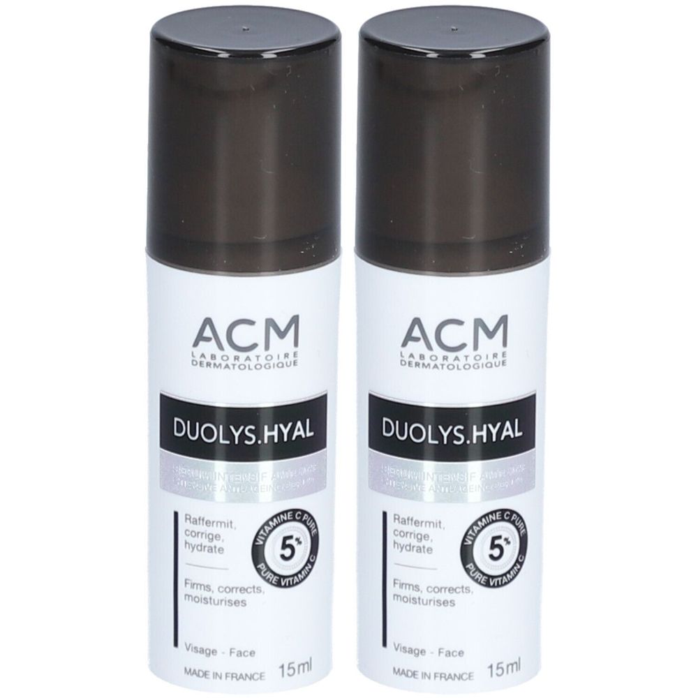 Twee flacons met zwarte dop. Opschrift: ACM Laboratoire Dermatologique, Duolys.Hyal, vitamine C. 15ml.