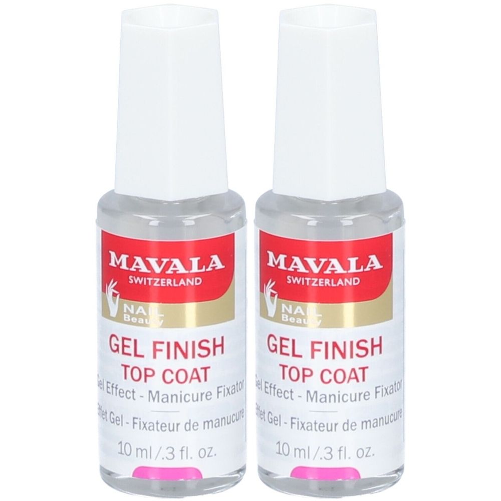Deux flacons de vernis à ongles. Inscription : Mavala, Gel Finish Top Coat. Étiquettes rouges et blanches. 10 ml.