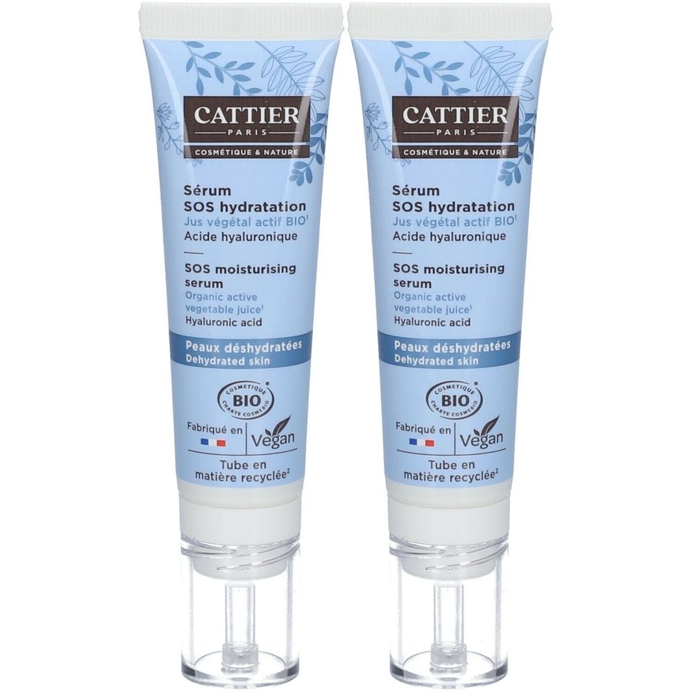Twee tubes serum SOS hydratation. Blauwe tube met witte tekst. Opschriften: CATTIER, BIO, Vegan. Met applicator.
