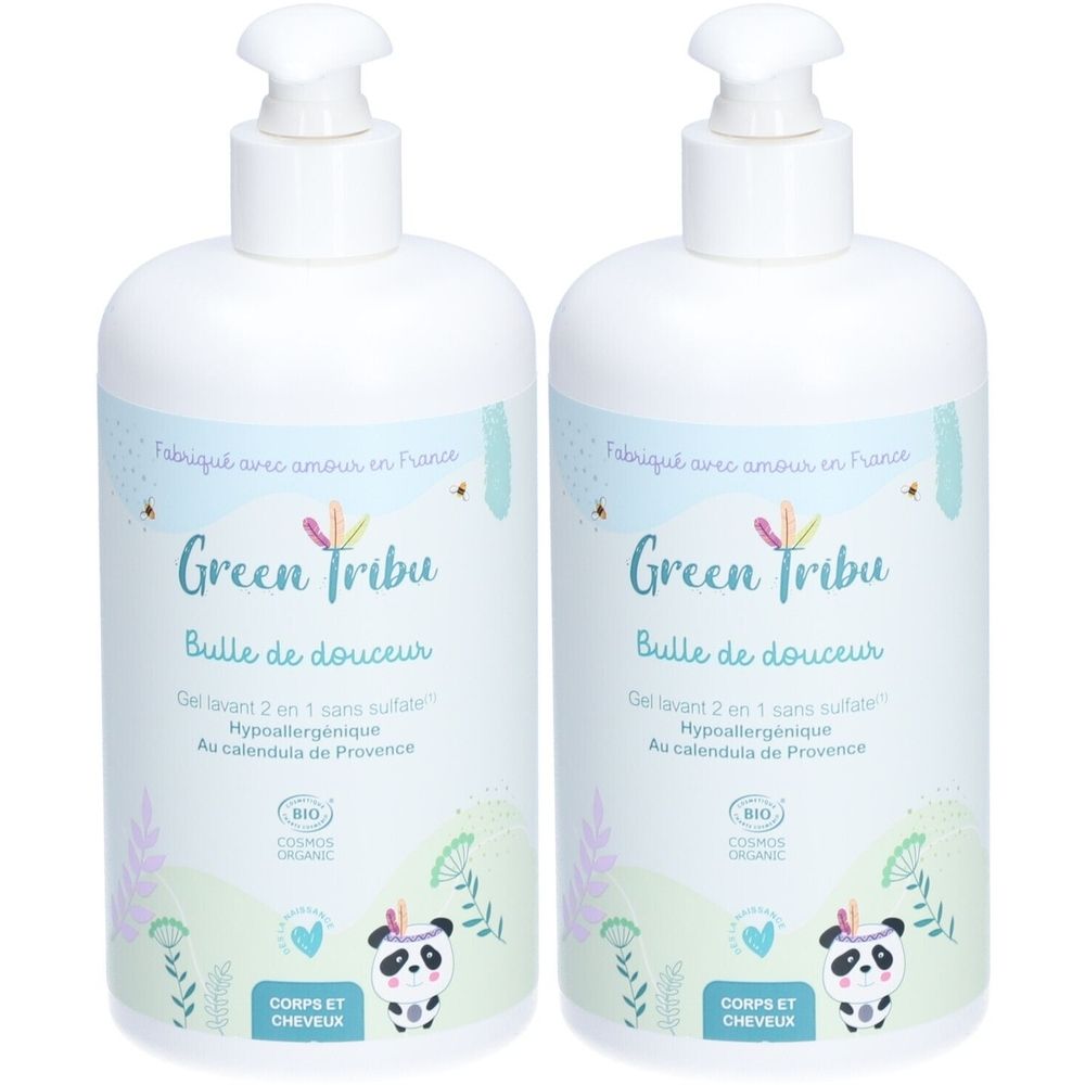 Deux flacons blancs avec pompe. Inscription: Green Tribu, Bulle de douceur. Certification bio.