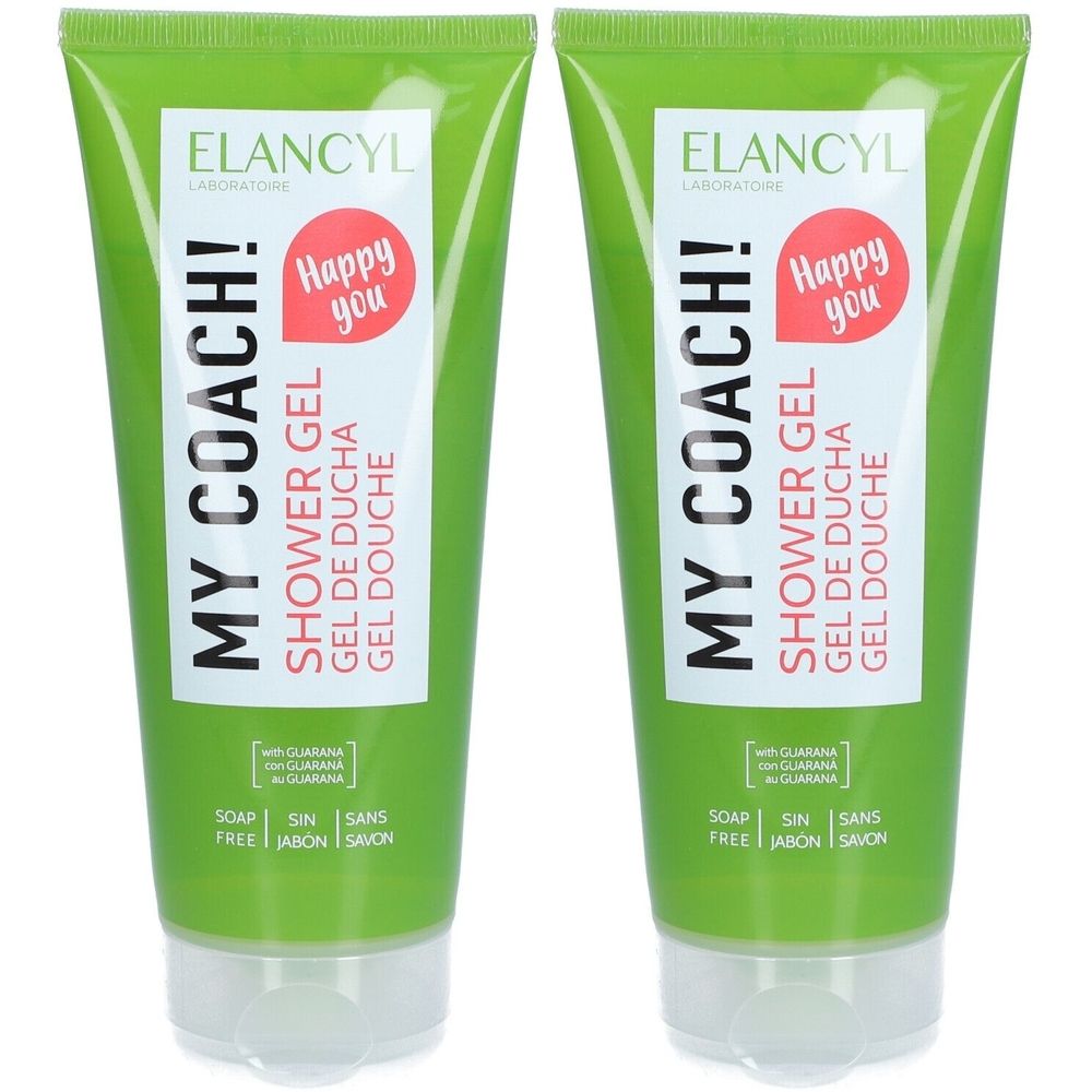 Twee groene tubes douchegel. Opschrift: MY COACH!, SHOWER GEL, ELANCYL. Met rode sticker Happy you. Zonder zeep.