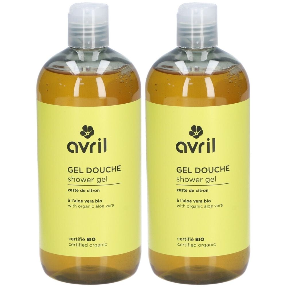 Twee flessen douchegel met geel etiket. Opschrift: avril, GEL DOUCHE, Zeste de Citron, gecertificeerd BIO.