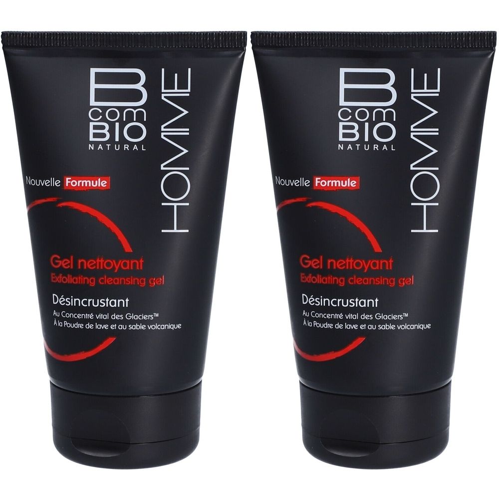 Deux tubes noirs. Inscription: B COM BIO NATURAL, HOMME, Gel nettoyant, Désincrustant. Nouvelle Formule.