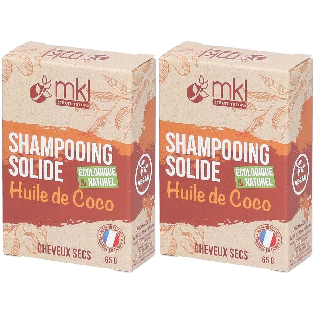 Twee rechthoekige dozen. Opschrift: SHAMPOOING SOLIDE, Huile de Coco, vegan. Merk: mkl. Voor droog haar. Gewicht: 65g.