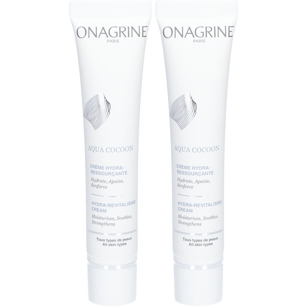 Deux tubes blancs. Inscription: ONAGRINE PARIS, AQUA COCOON, Crème Hydra-Ressourçante, Hydra-Revitalising Cream. Pour tous types de peaux.