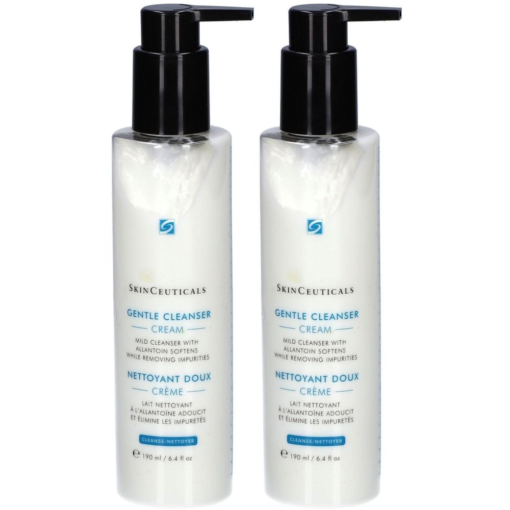 Twee flessen met zwarte pomp. Opschrift: SKINCEUTICALS Gentle Cleanser Cream, Nettoyant Doux Crème.