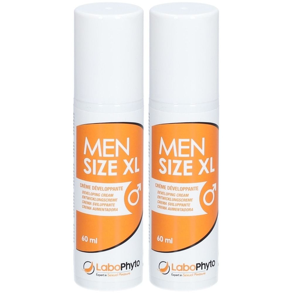 Twee witte flacons met oranje etiket. Opschrift: MEN SIZE XL, Crème développante. 60 ml. Logo LaboPhyto.