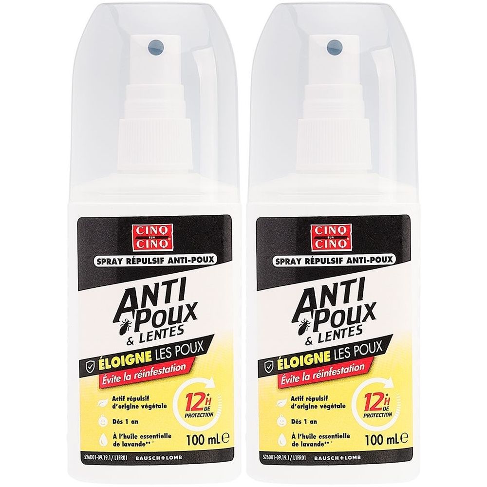 Deux flacons spray blancs avec bouchons transparents. Étiquettes noires avec texte: Anti-Poux & Lentes, 12h Protection, 100 ml.