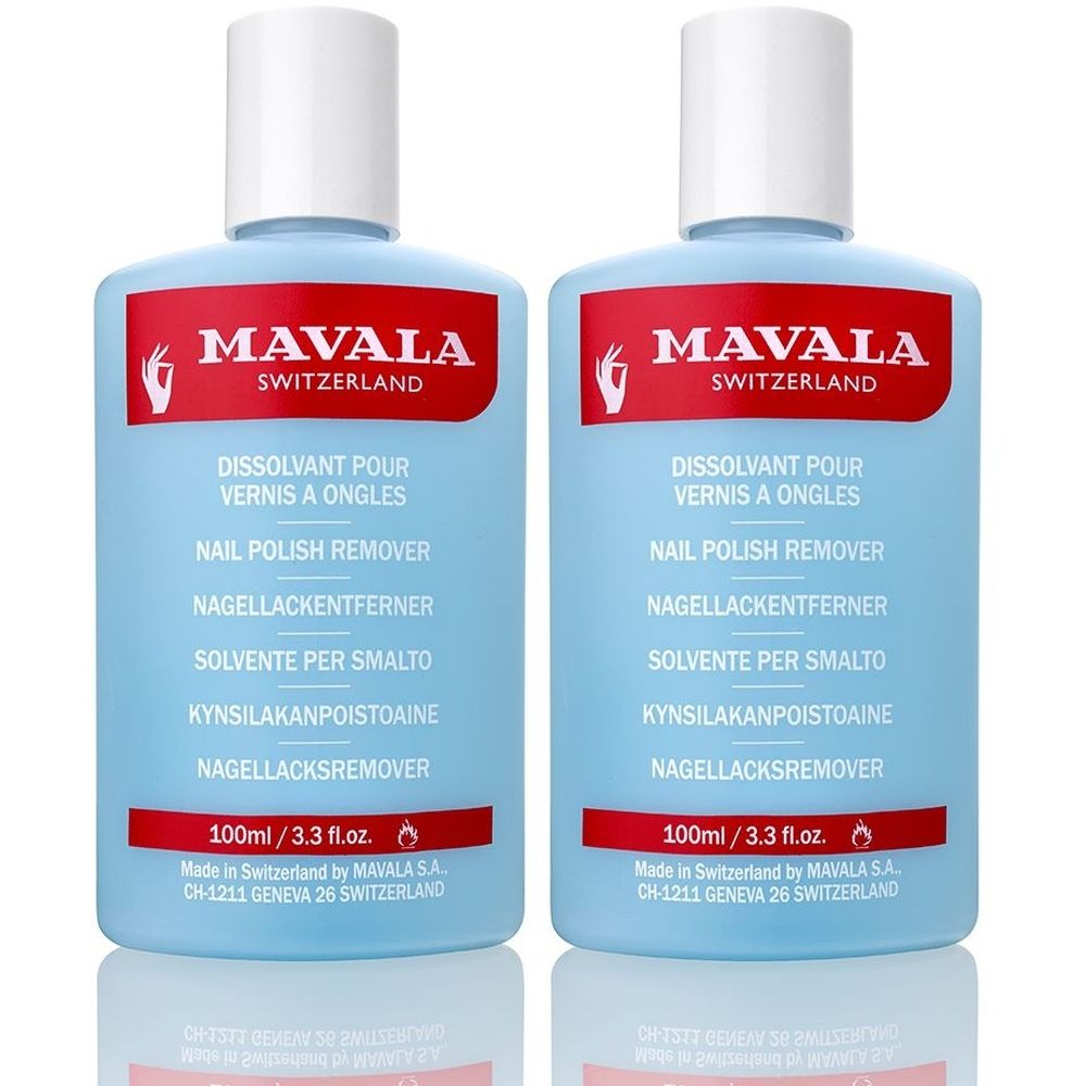 Deux flacons bleus de dissolvant pour vernis à ongles. Inscription : MAVALA, DISSOLVANT POUR VERNIS A ONGLES, 100ml/3.3 fl.oz. Fabriqué en Suisse.