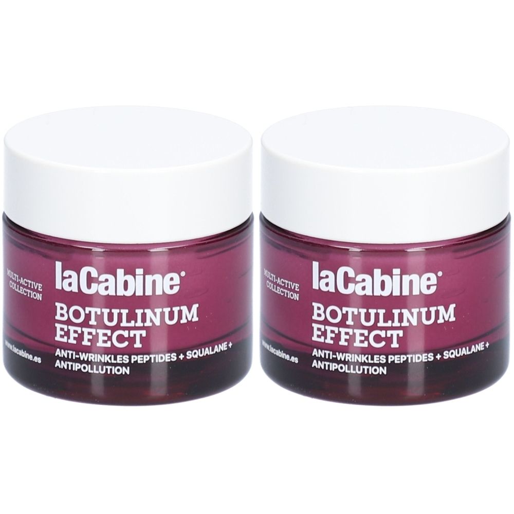 Twee potjes Lacabine Botulinum Effect crème met witte deksels. Opschrift: Anti-Wrinkles, Peptides, Squalane, Antipollution.