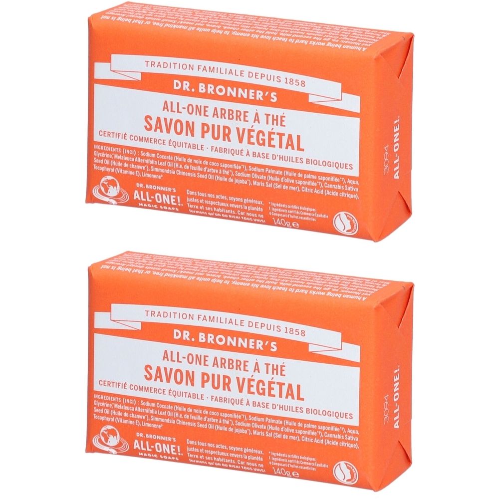 Twee oranje zeepblokken. Opschrift: DR. BRONNER'S, ALL-ONE ARBRE À THÉ SAVON PUR VÉGÉTAL. Gecertificeerde fairtrade.