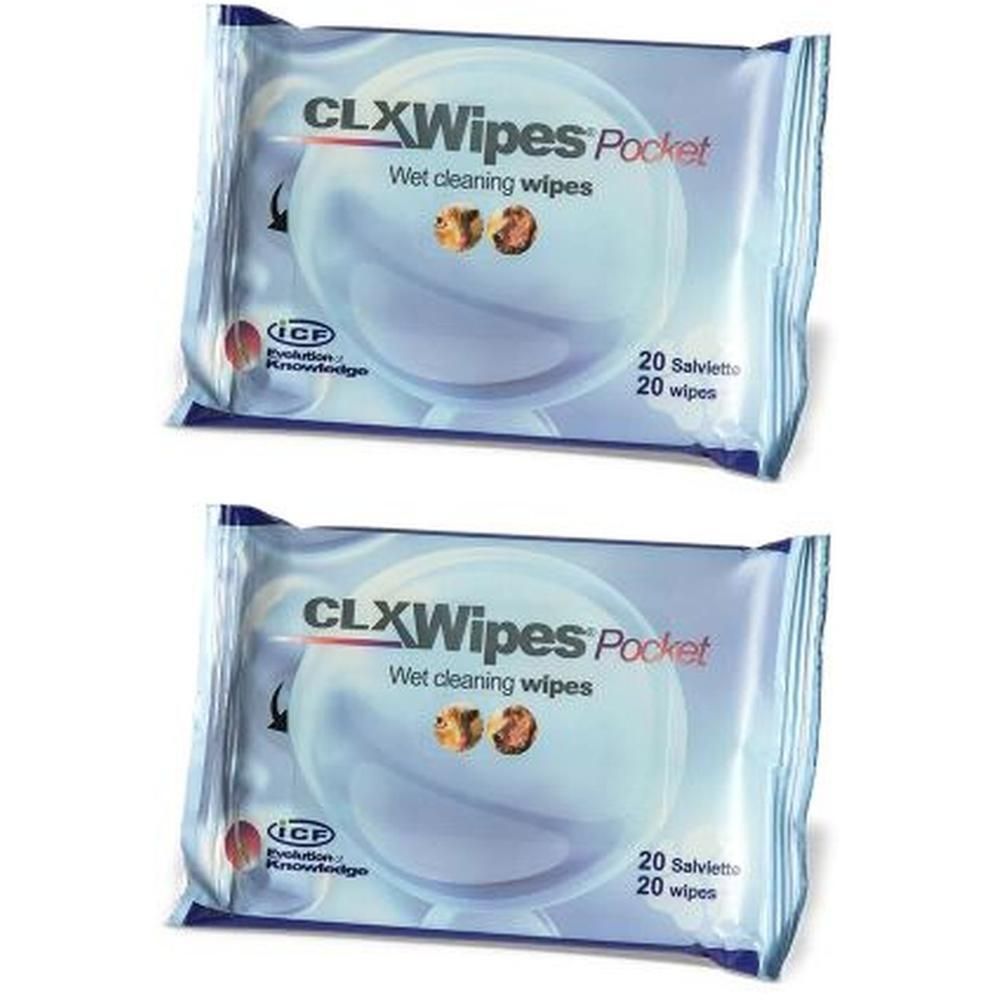 Twee verpakkingen CLX Wipes Pocket vochtige doekjes. Elke verpakking bevat 20 doekjes. Opschrift: Wet cleaning wipes.