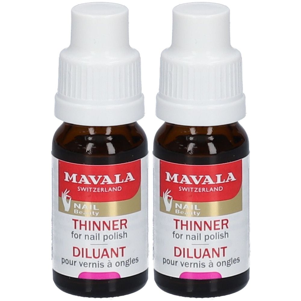 Twee flessen met witte dop. Op het etiket staat "MAVALA", "THINNER for nail polish" en "DILUANT pour vernis à ongles".