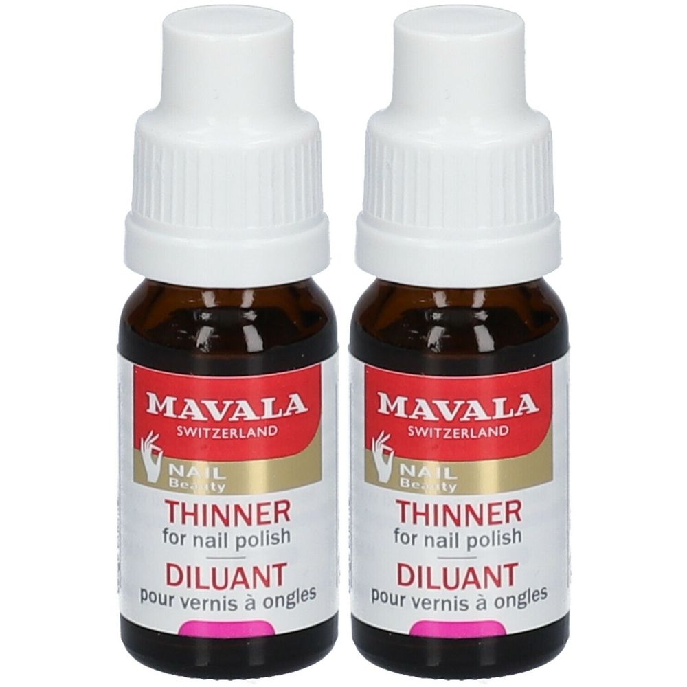 Deux flacons de diluant pour vernis à ongles. Flacons en verre brun avec bouchons blancs. Inscription : MAVALA, THINNER for nail polish, DILUANT.