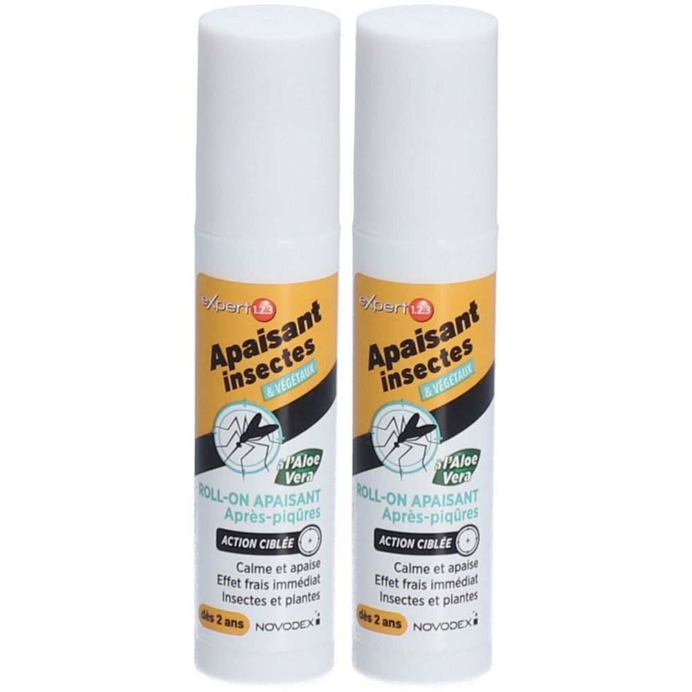 Deux flacons roll-on avec bouchon blanc et étiquette jaune et blanche. Inscription: Apaisant insectes & végétaux, Roll-On Apaisant Après-piqûres, Novodex.