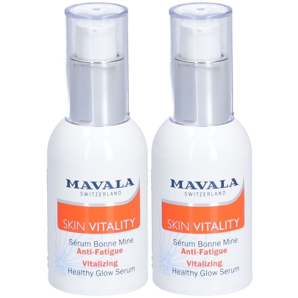 Deux flacons blancs avec pompes argentées. Inscription: MAVALA SKIN VITALITY, Sérum Bonne Mine Anti-Fatigue, Vitalizing Healthy Glow Serum.