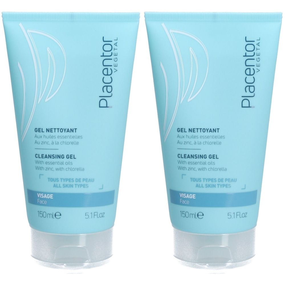 Twee tubes gezichtsreinigingsgel. Lichtblauw, witte dop. Tekst: Placentor Végétal, Gel Nettoyant, Cleansing Gel.